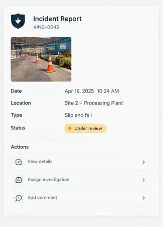 Incident report card showing location, type and status