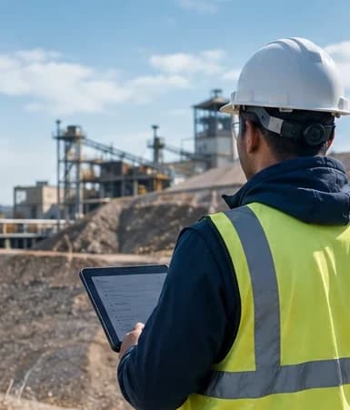 Worker in a hard hat reviewing a tablet at a processing plant